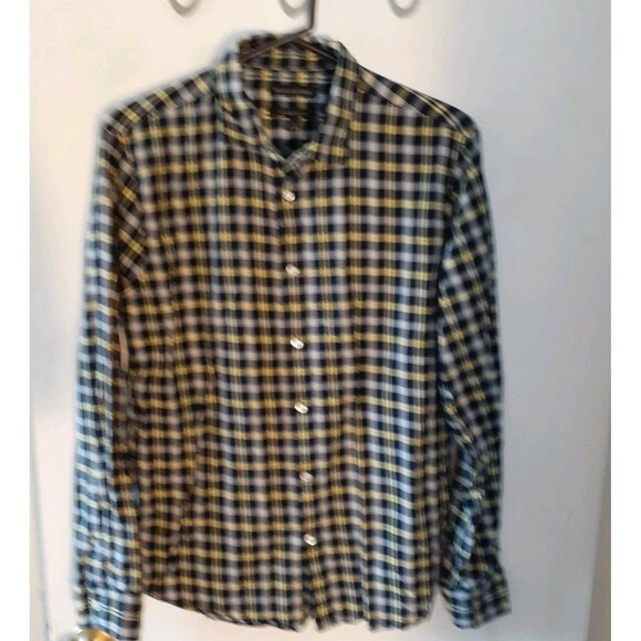 Banana Republic Men Untucked Navy Blue Yellow Plaid Slim Fit  Button Shirt M - Picture 2 of 5